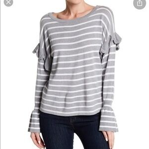 Olivia Sky Women’s gray stripe ruffle sweater, size XL.
